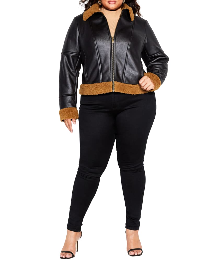 Front of a model wearing a size S JKT MEREDITH in Black/Caramel by City Chic. | dia_product_style_image_id:320383